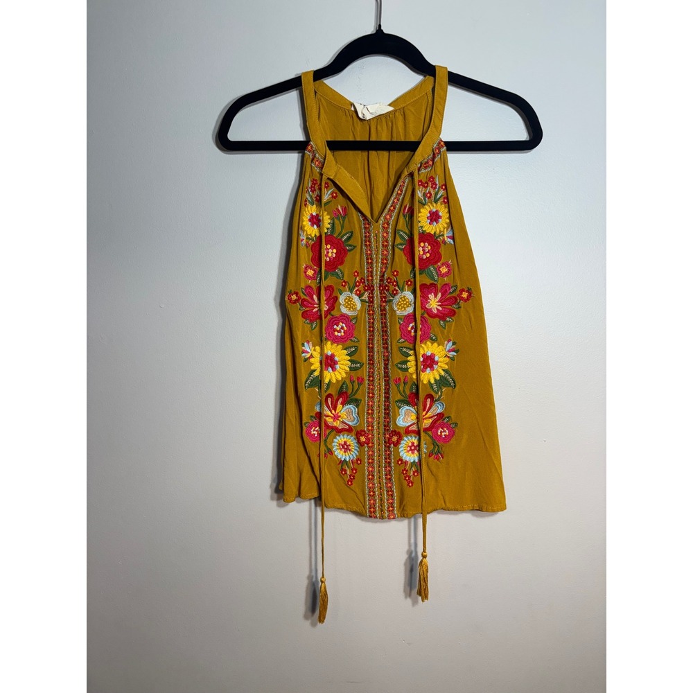 Savanna Jane Mustard Yellow Floral Embroidered Halter Top Tassel Boho Womens S
